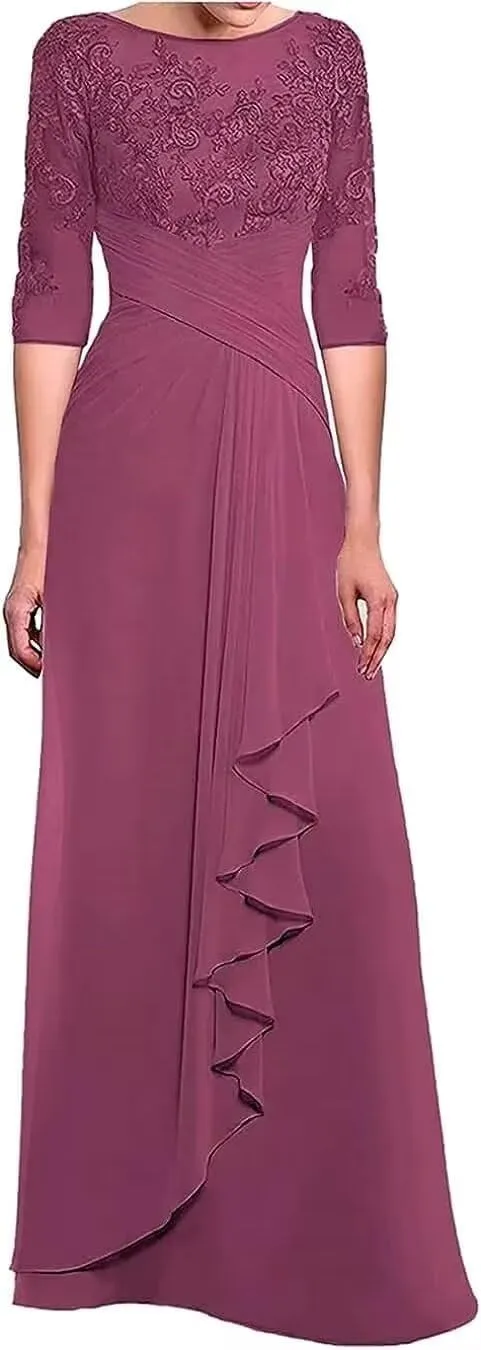 Sileb Mother of The Bride Dresses for Women Scoop Neck Lace Pleated Mother of The Bride Dress for Wedding Half Sleeve