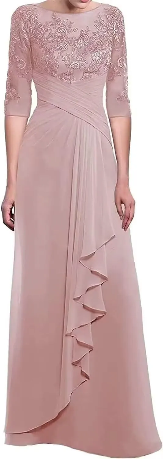 Sileb Mother of The Bride Dresses for Women Scoop Neck Lace Pleated Mother of The Bride Dress for Wedding Half Sleeve