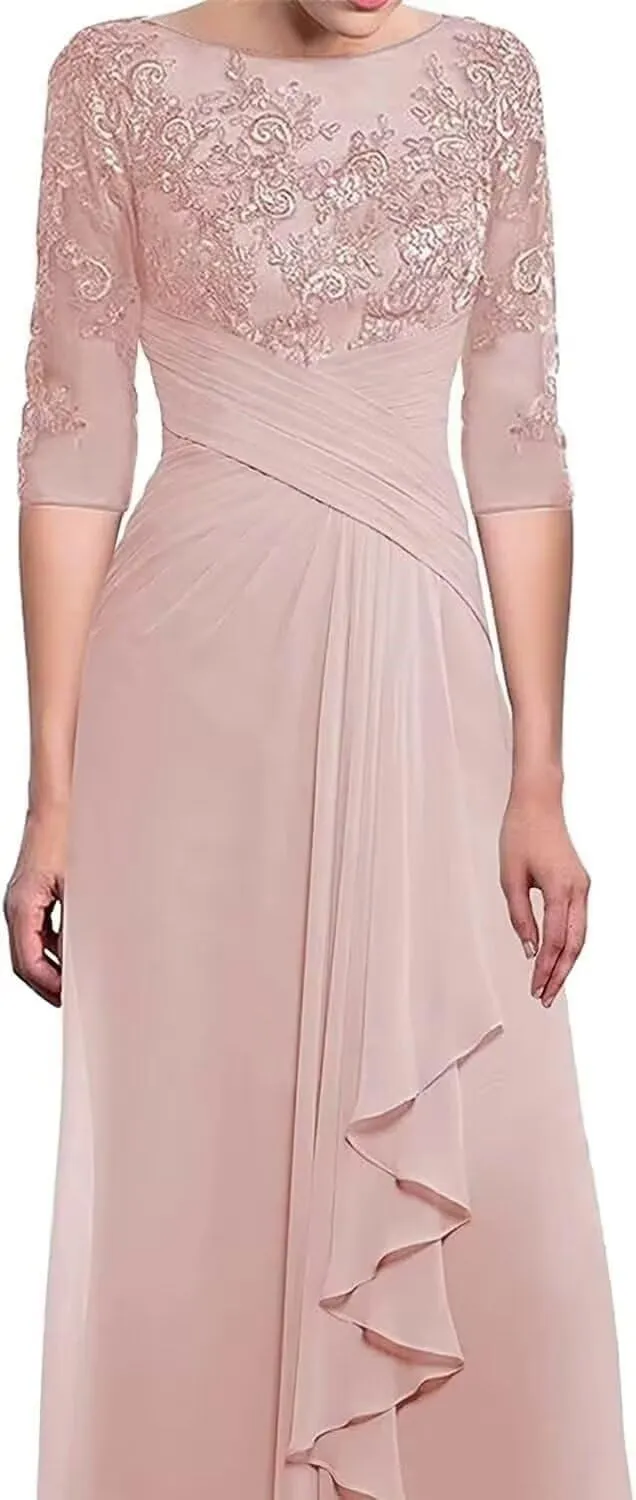 Sileb Mother of The Bride Dresses for Women Scoop Neck Lace Pleated Mother of The Bride Dress for Wedding Half Sleeve