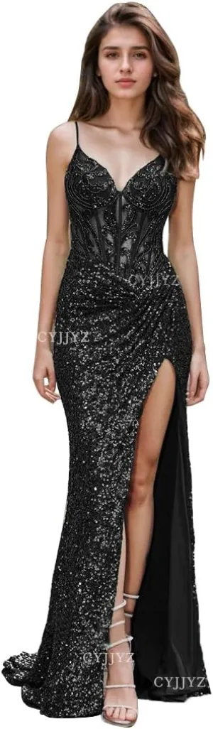 Spaghetti Strap Sequin Prom Dresses with Slit 2025 Sparkly Lace Appliques Mermaid Formal Evening Gown for Women