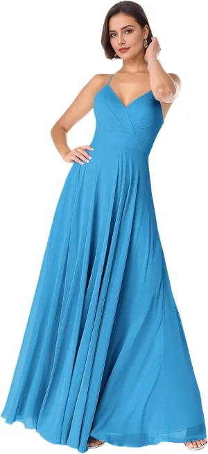 Spaghetti Straps Bridesmaid Dresses for Women Chiffon A Line Formal Evening Dresses with Pocket NO137