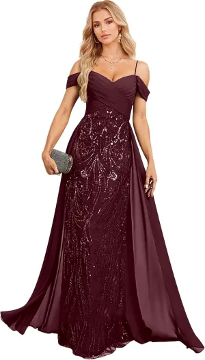Spaghetti Straps Lace Lace Sequins Mother of The Bride Dresses for Women Off Shoulder Chiffon Prom Dress with Train