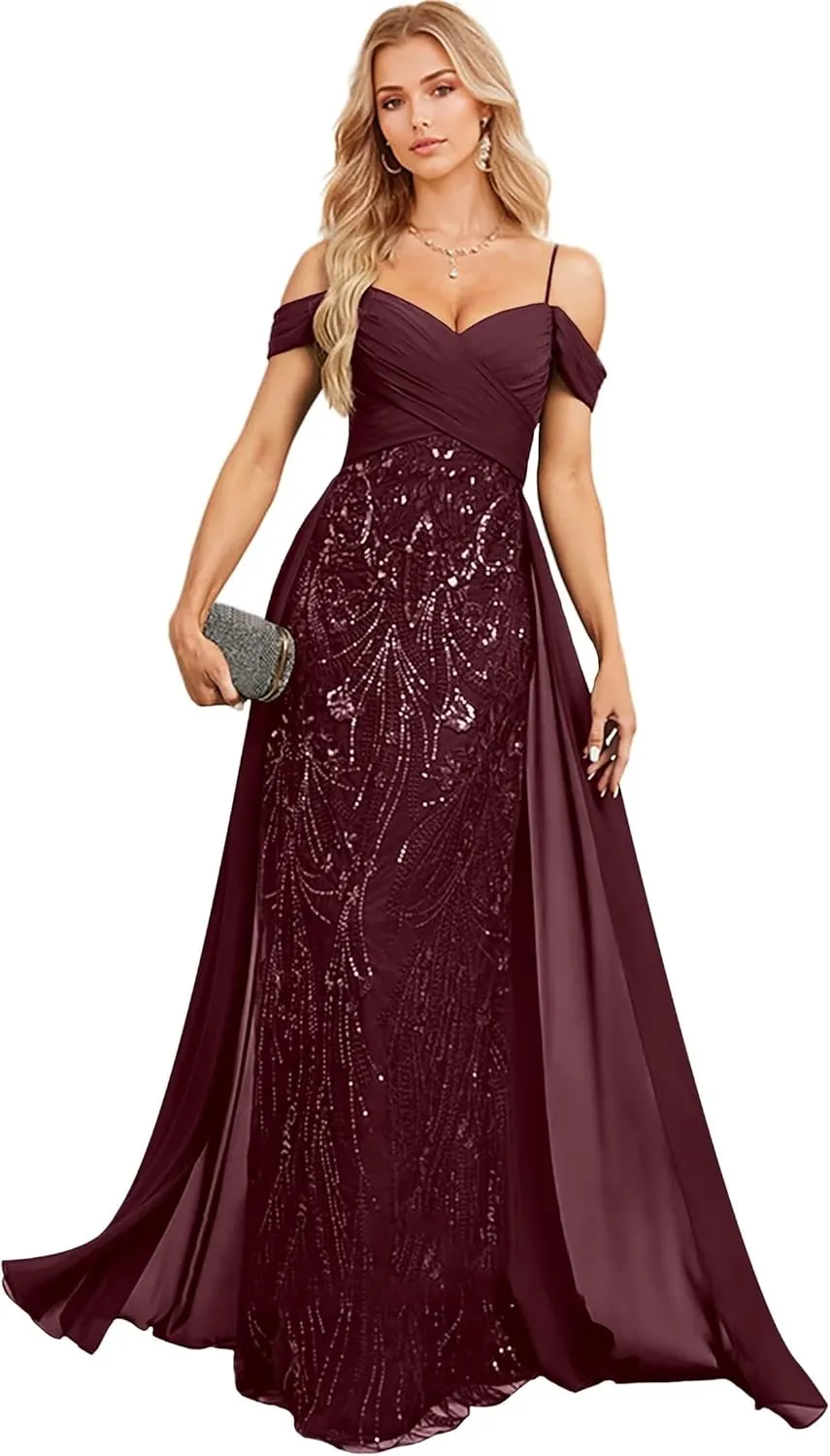 Spaghetti Straps Lace Lace Sequins Mother of The Bride Dresses for Women Off Shoulder Chiffon Prom Dress with Train