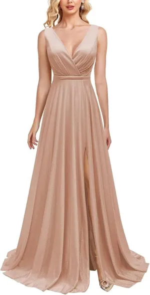 Sparkly Formal Dresses for Women Elegant V Neck Prom Dresses Long Sleeveless A Line Evening Gowns with Slit