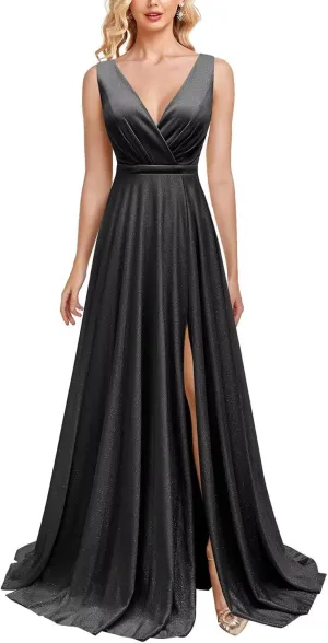 Sparkly Formal Dresses for Women Elegant V Neck Prom Dresses Long Sleeveless A Line Evening Gowns with Slit
