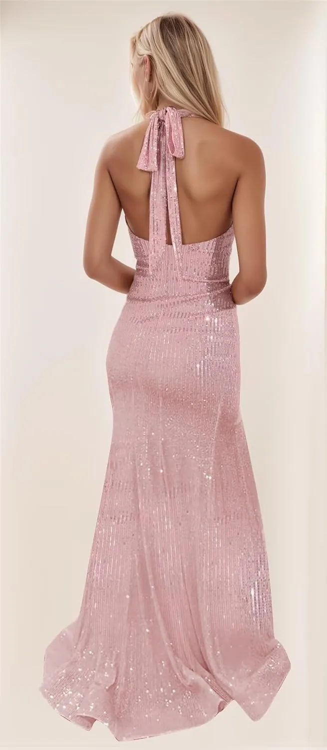 Sparkly Sequin Prom Dresses for Women Halter Mermaid Formal Evening Dress with Slit