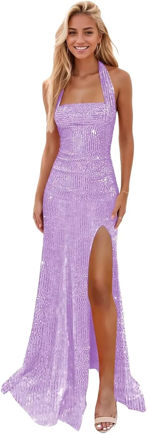 Sparkly Sequin Prom Dresses for Women Halter Mermaid Formal Evening Dress with Slit