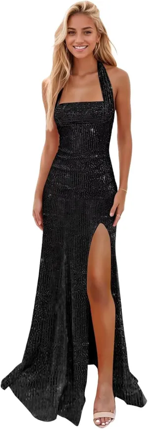 Sparkly Sequin Prom Dresses for Women Halter Mermaid Formal Evening Dress with Slit
