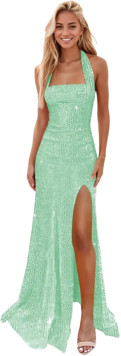 Sparkly Sequin Prom Dresses for Women Halter Mermaid Formal Evening Dress with Slit