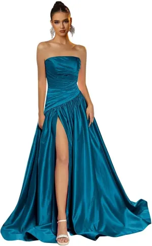 Strapless Satin Prom Dress for Women A Line Formal Evening Party Gown with Slit Long Ruched Ball Gown
