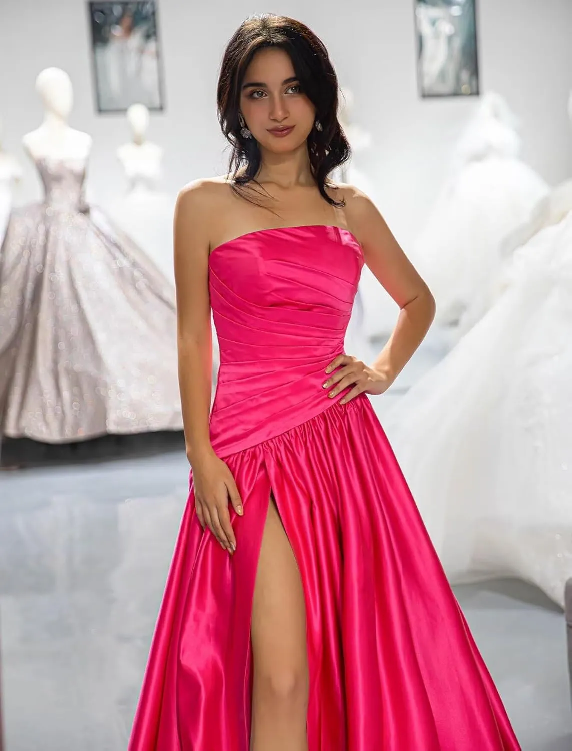 Strapless Satin Prom Dress for Women A Line Formal Evening Party Gown with Slit Long Ruched Ball Gown