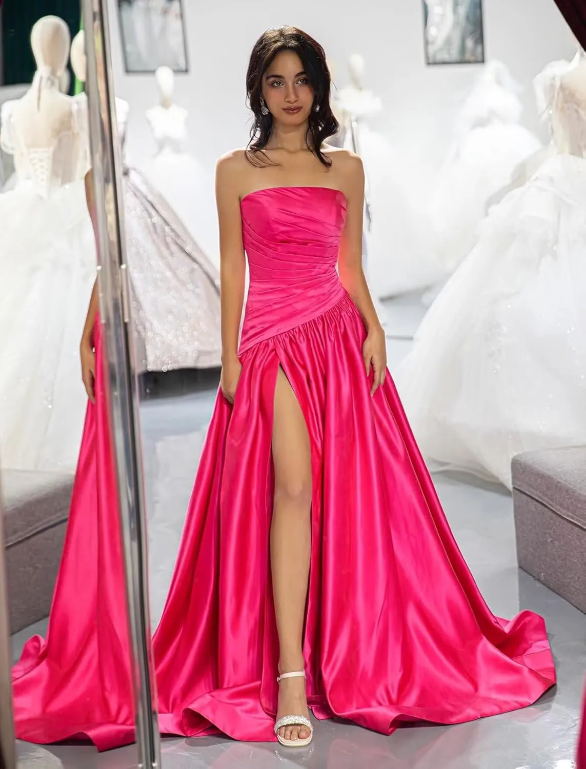 Strapless Satin Prom Dress for Women A Line Formal Evening Party Gown with Slit Long Ruched Ball Gown