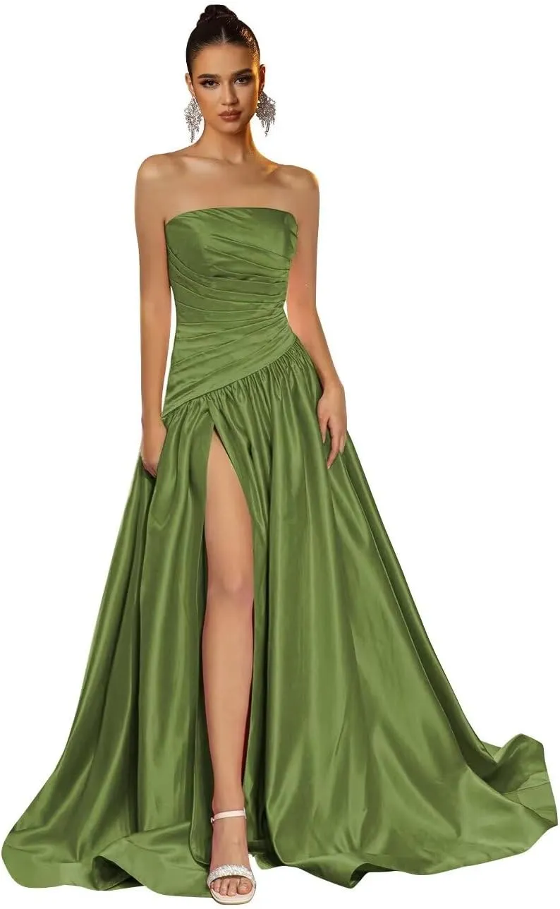 Strapless Satin Prom Dress for Women A Line Formal Evening Party Gown with Slit Long Ruched Ball Gown