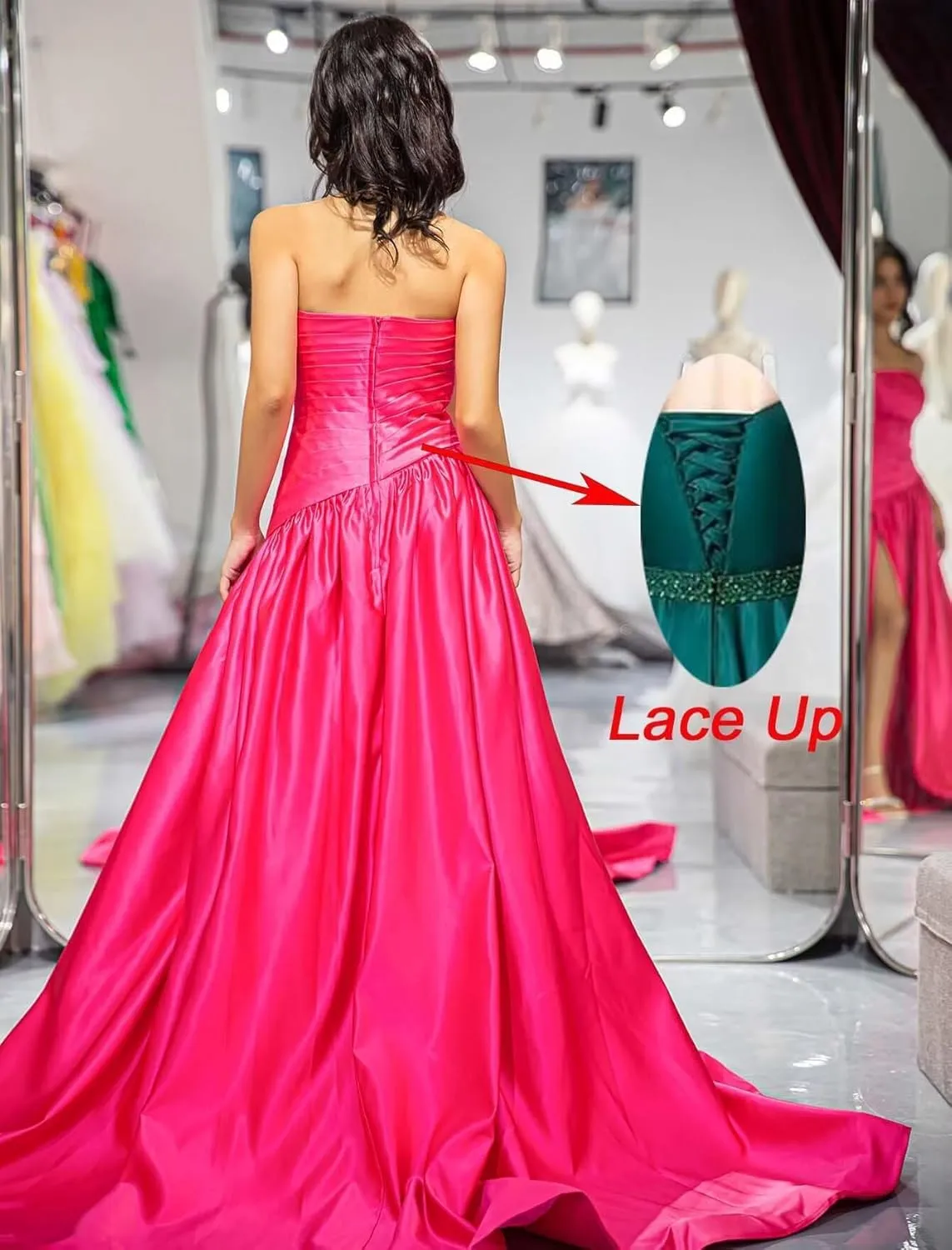 Strapless Satin Prom Dress for Women A Line Formal Evening Party Gown with Slit Long Ruched Ball Gown