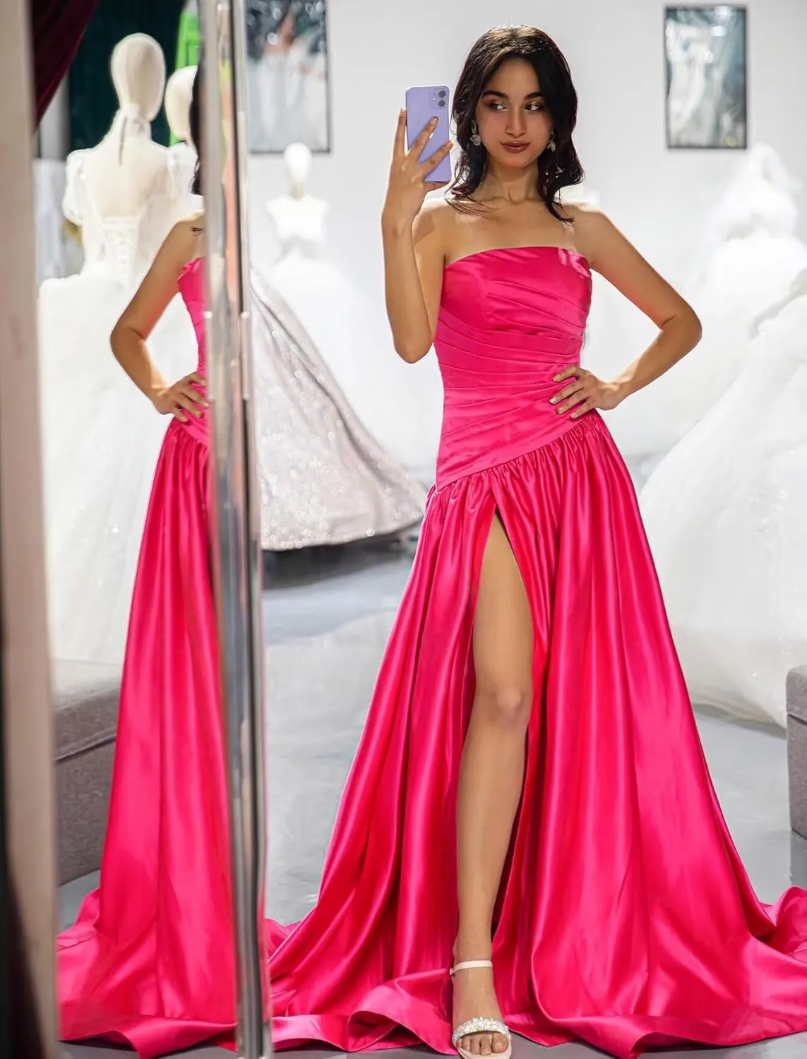Strapless Satin Prom Dress for Women A Line Formal Evening Party Gown with Slit Long Ruched Ball Gown