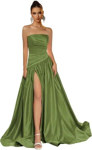 Strapless Satin Prom Dress for Women A Line Formal Evening Party Gown with Slit Long Ruched Ball Gown