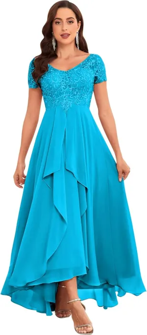 Sukleet Short Sleeve Mother of The Bride Dresses for Wedding Ruffle Chiffon Lace Formal Evening Dress