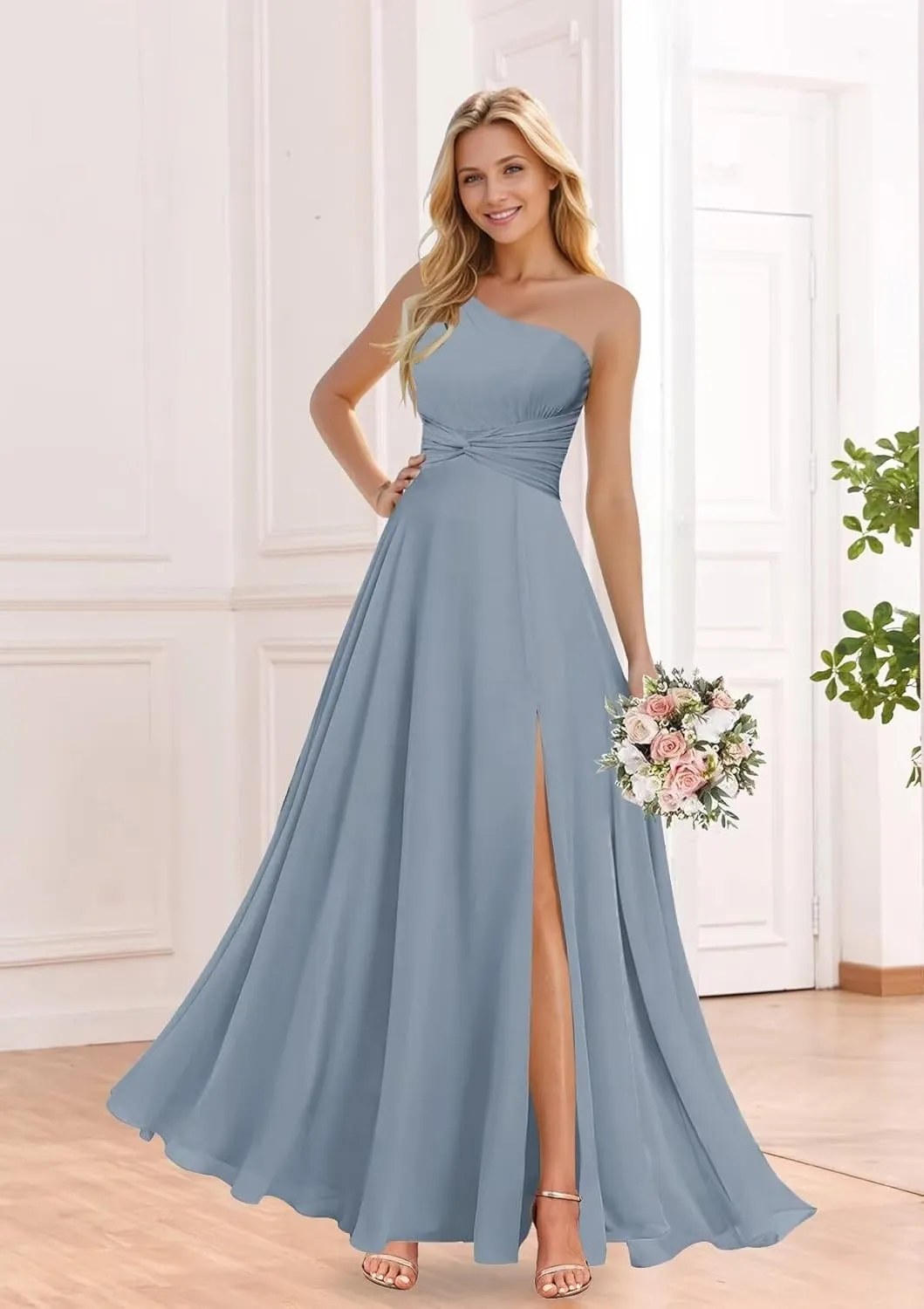 Sukleet Women's One Shoulder Bridesmaid Dresses with Slit Twist Chiffon Long Formal Evening Dress