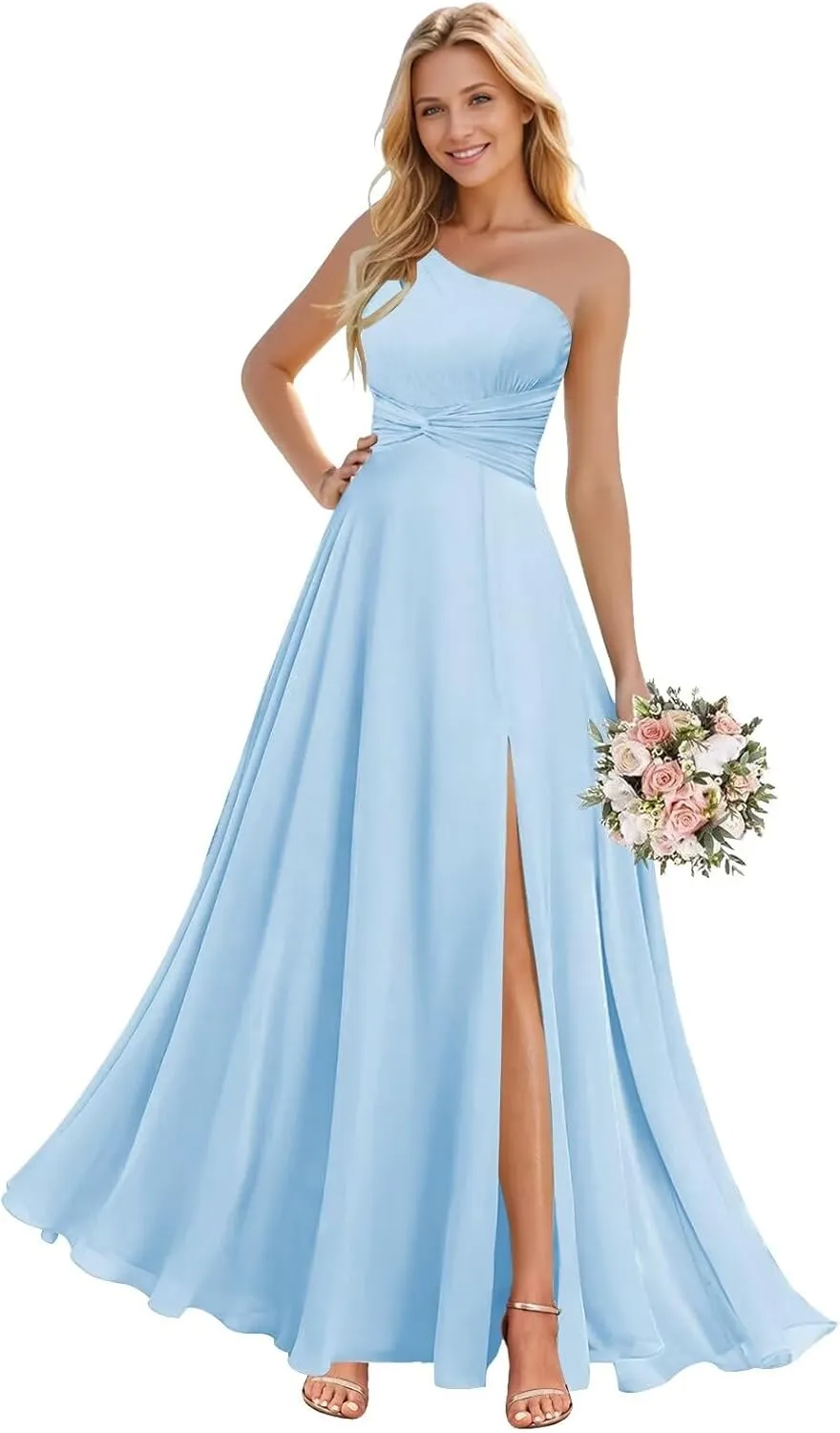 Sukleet Women's One Shoulder Bridesmaid Dresses with Slit Twist Chiffon Long Formal Evening Dress