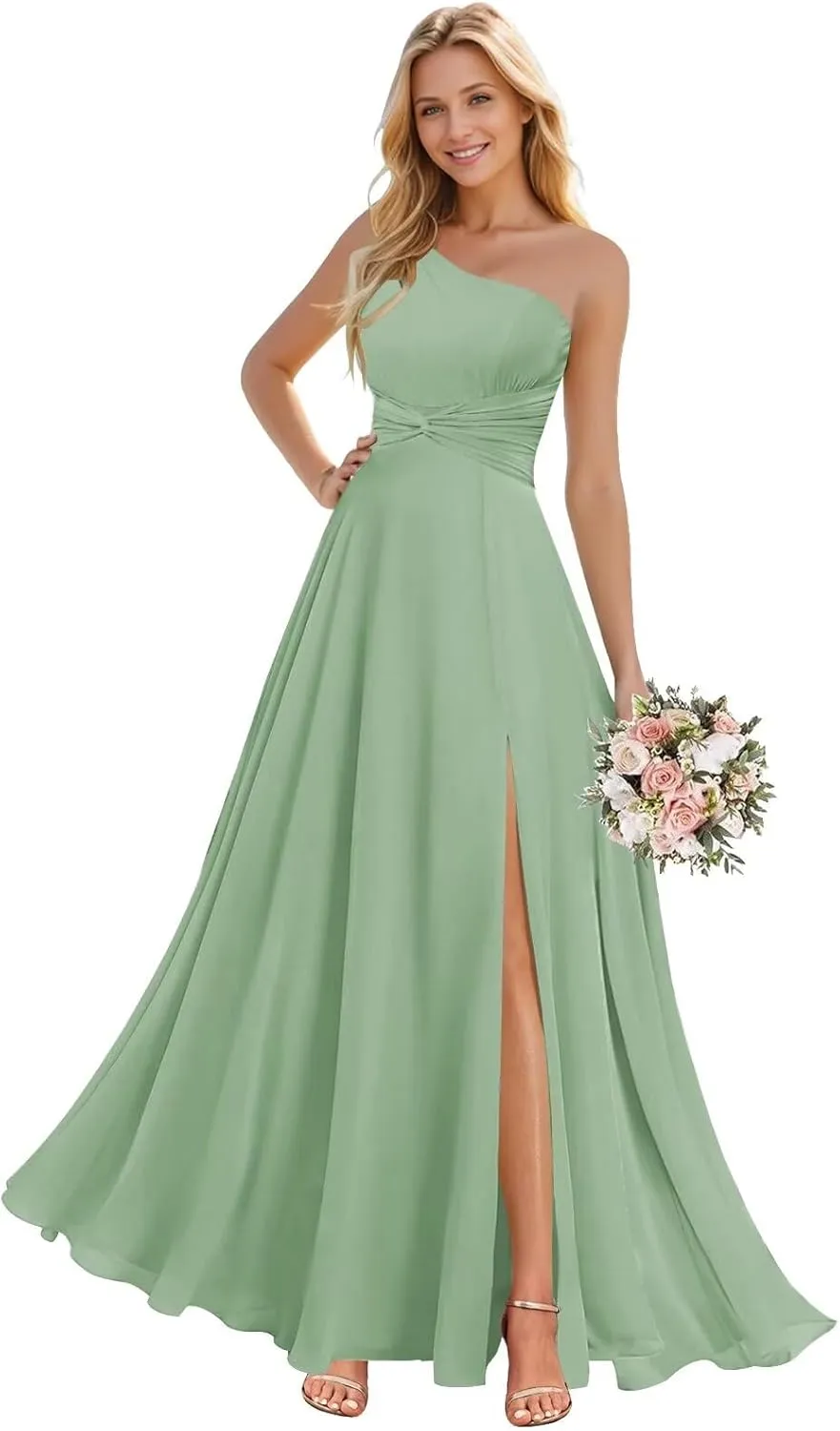 Sukleet Women's One Shoulder Bridesmaid Dresses with Slit Twist Chiffon Long Formal Evening Dress