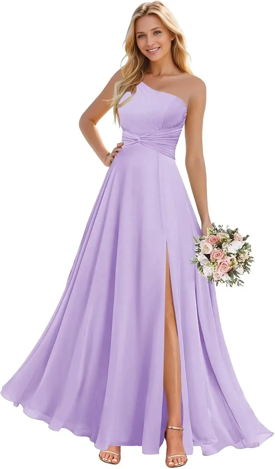 Sukleet Women's One Shoulder Bridesmaid Dresses with Slit Twist Chiffon Long Formal Evening Dress