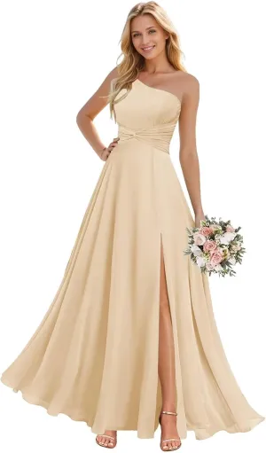 Sukleet Women's One Shoulder Bridesmaid Dresses with Slit Twist Chiffon Long Formal Evening Dress