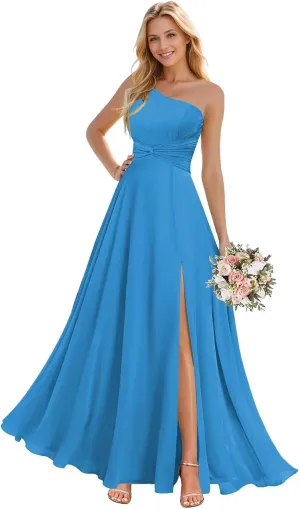 Sukleet Women's One Shoulder Bridesmaid Dresses with Slit Twist Chiffon Long Formal Evening Dress