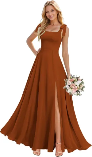Sukleet Women's Square Neck Chiffon Bridesmaid Dresses for Wedding Long Formal Evening Dress with Slit