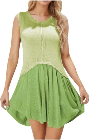 Summer Crew Neck Knit Smock Dresses for Women Plus Size Ruffle Mini Beach Dress