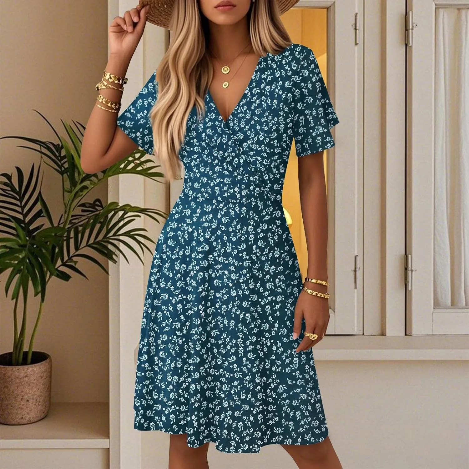 Summer Dresses for Women 2025 Wrap V Neck Floral Printed Sundresses Flowy Dress Short Sleeve Beach Vacation Dress