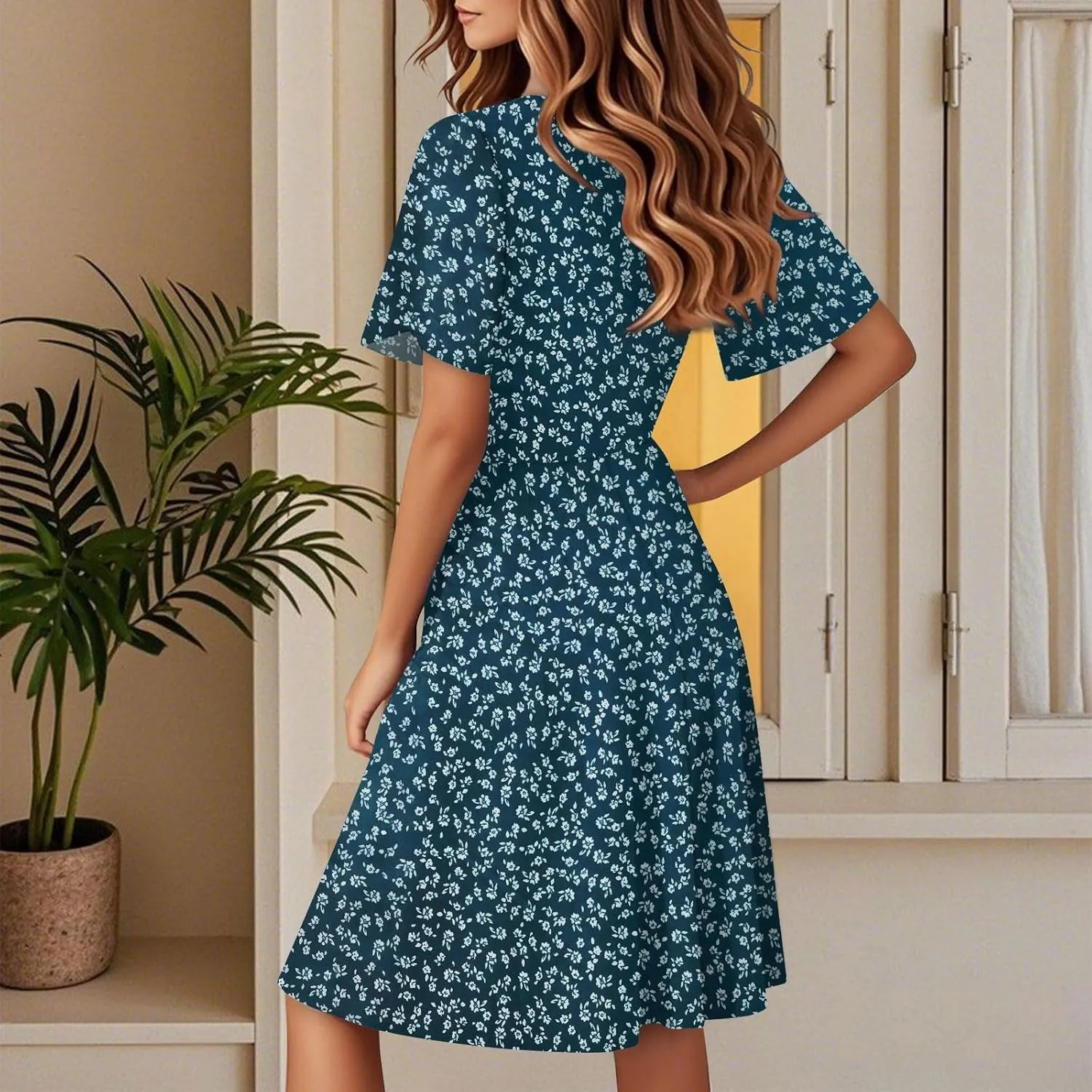 Summer Dresses for Women 2025 Wrap V Neck Floral Printed Sundresses Flowy Dress Short Sleeve Beach Vacation Dress