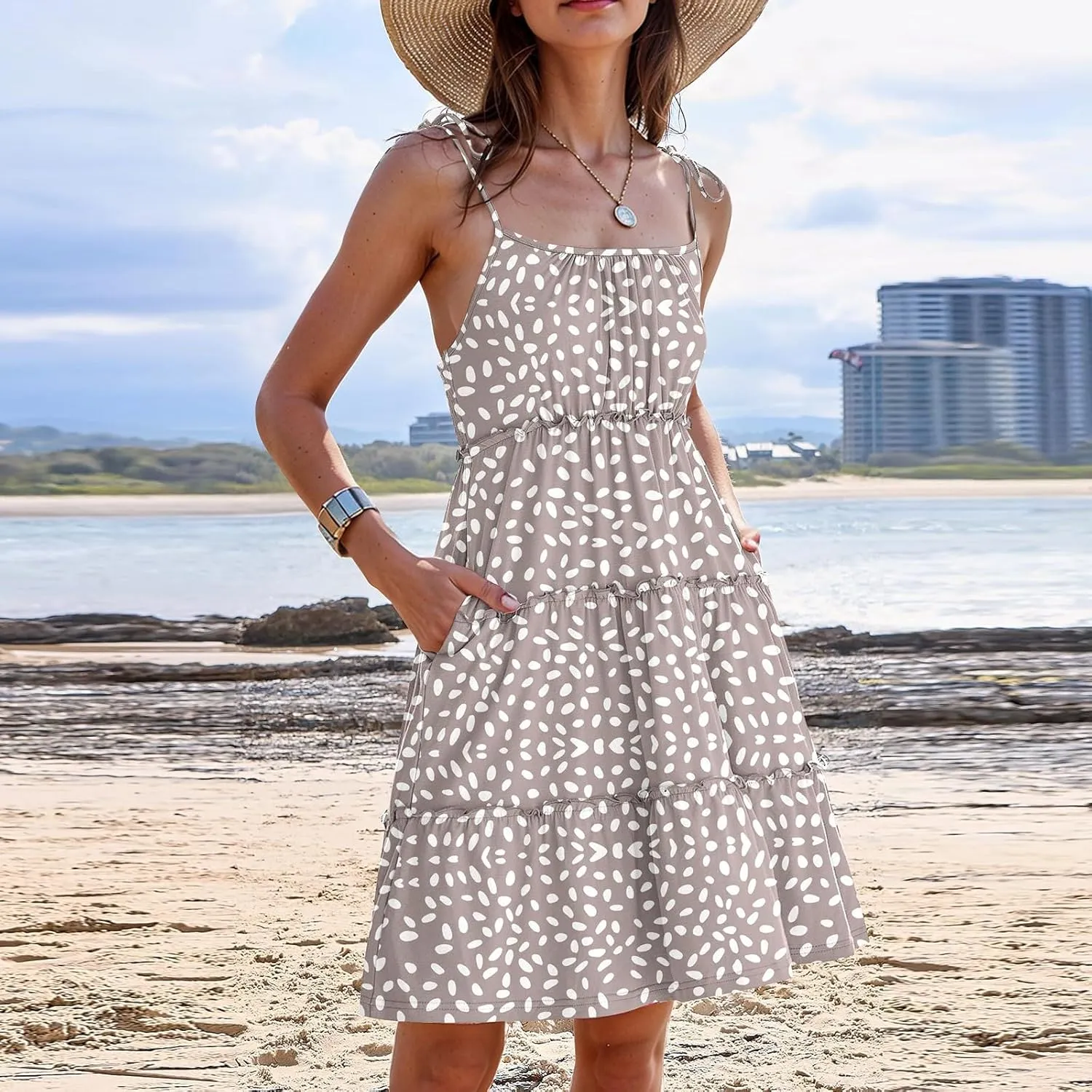 Sundresses for Women Vacation Spaghetti Strap Backless Floral Mini Dress Flowy Summer Tiered Ruffle Skater Dress