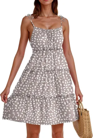 Sundresses for Women Vacation Spaghetti Strap Backless Floral Mini Dress Flowy Summer Tiered Ruffle Skater Dress