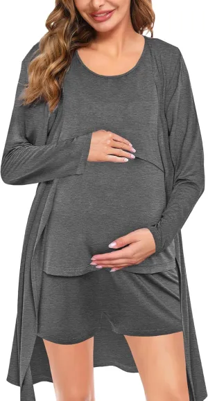 SWOMOG Maternity Nursing Robe Set 3 PCS Postpartum Pajamas Women Breastfeeding Pregnancy Hospital Labor Delivery Pjs
