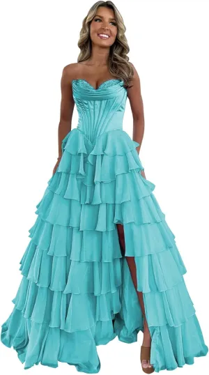Tiered Chiffon Prom Dress with Slit 2025 Ruffle Sweetheart Strapless Formal Evening Dress for Teens