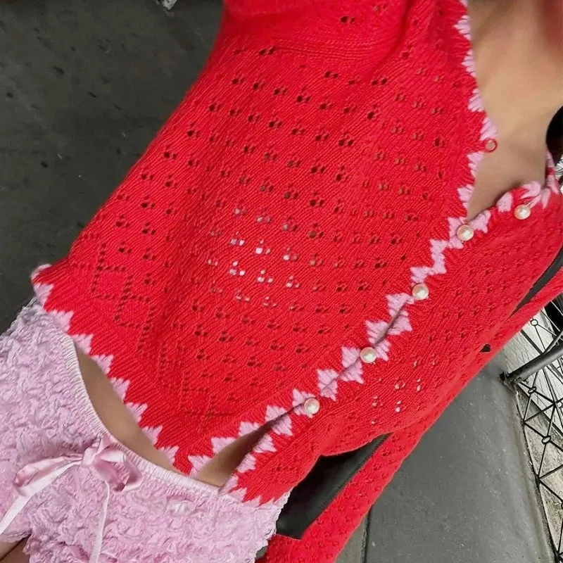 Toleet-Y2K Aesthetic Cardigan Women Long Sleeve O Neck Button Up Solid Color Cutout Knitwear Autumn Vintage Knitted Sweater Outwear