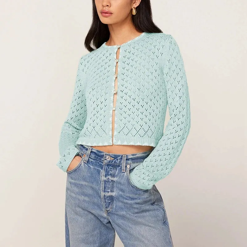 Toleet-Y2K Aesthetic Cardigan Women Long Sleeve O Neck Button Up Solid Color Cutout Knitwear Autumn Vintage Knitted Sweater Outwear