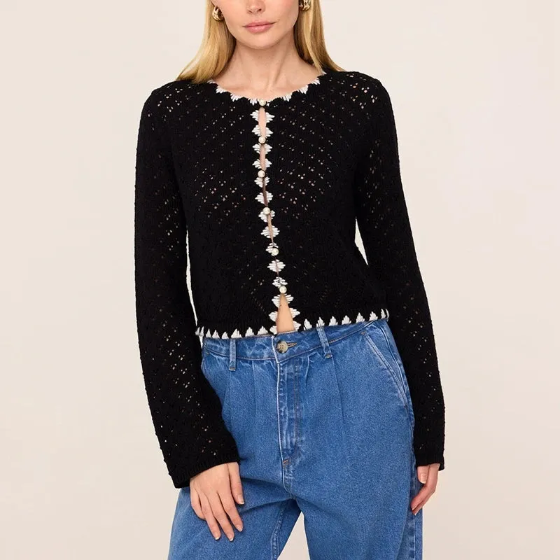 Toleet-Y2K Aesthetic Cardigan Women Long Sleeve O Neck Button Up Solid Color Cutout Knitwear Autumn Vintage Knitted Sweater Outwear