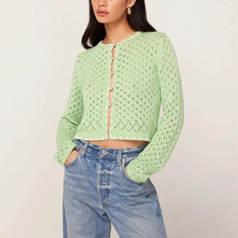 Toleet-Y2K Aesthetic Cardigan Women Long Sleeve O Neck Button Up Solid Color Cutout Knitwear Autumn Vintage Knitted Sweater Outwear