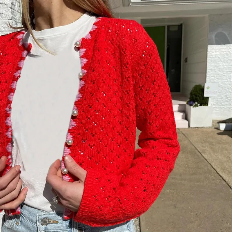 Toleet-Y2K Aesthetic Cardigan Women Long Sleeve O Neck Button Up Solid Color Cutout Knitwear Autumn Vintage Knitted Sweater Outwear
