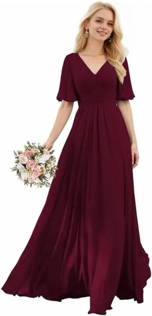 V-Neck Flutter Sleeves Bridesmaid Dress with Pockets A-Line Long Chiffon Formal Party Dresses with Slit