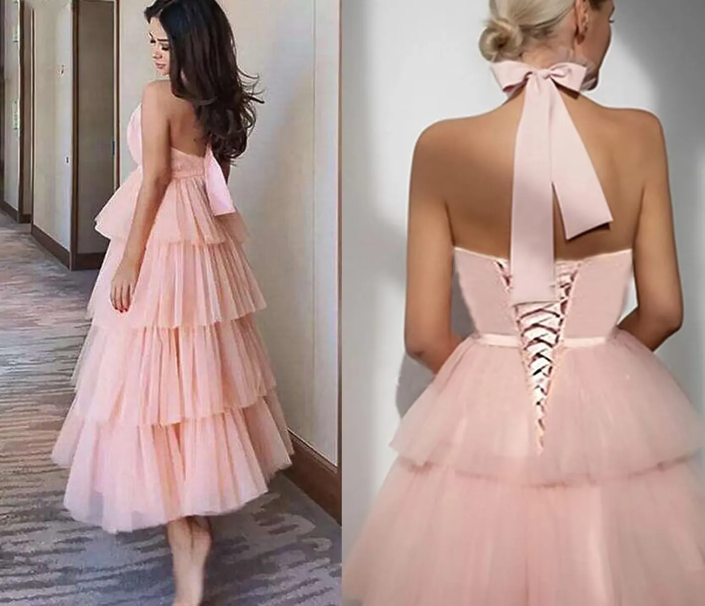 WDBFY Women's Tiered Tulle Prom Dresses Halter Homecoming Dress Evening Party Gowns