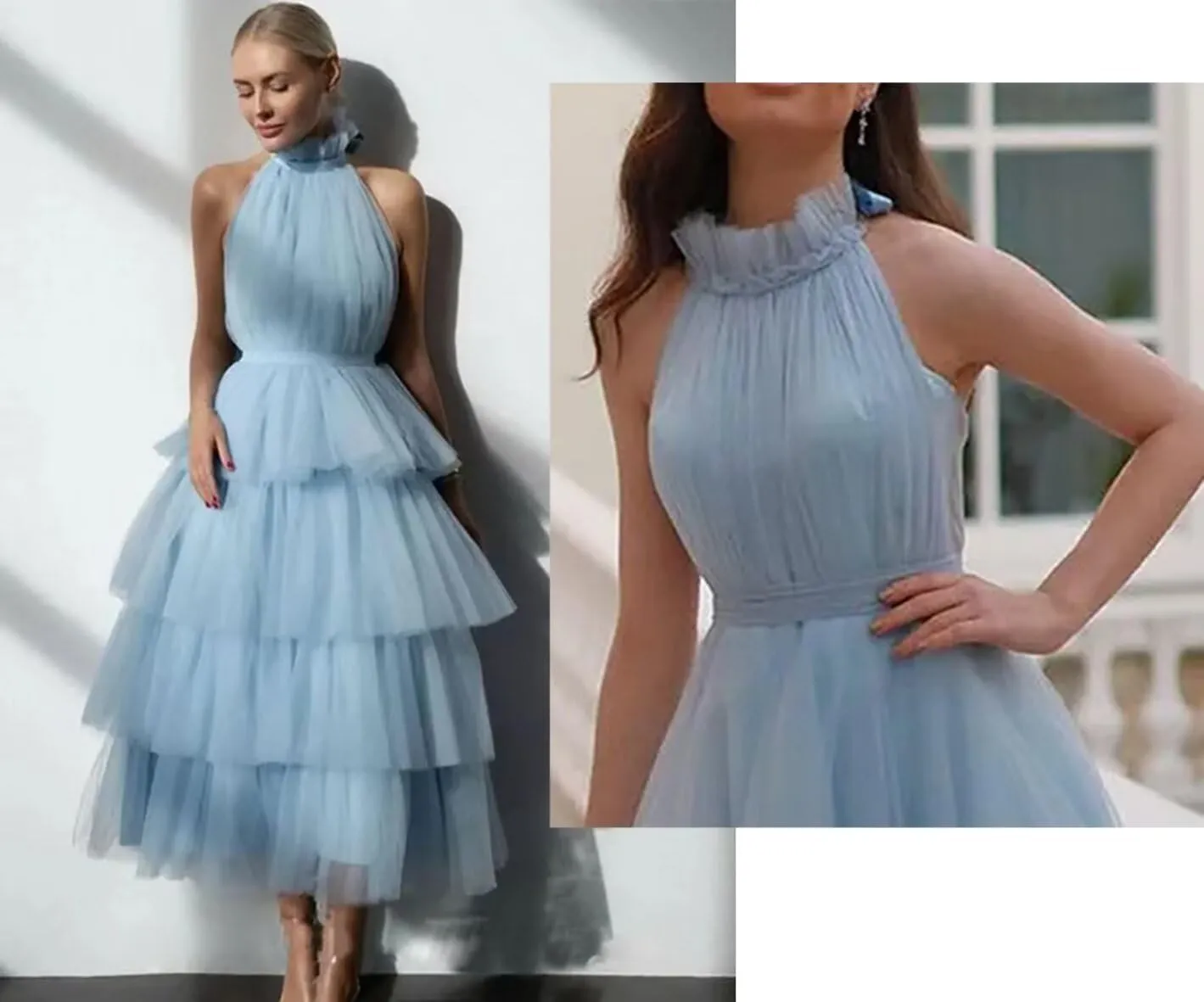 WDBFY Women's Tiered Tulle Prom Dresses Halter Homecoming Dress Evening Party Gowns