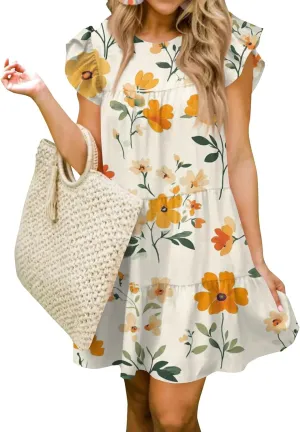 Women Babydoll Summer Casual Crew Neck Ruffle Sleeve Sleeveless Flowy Mini Short Tunic Dress Floral Print Pleated Dress2-Yellow,Medium