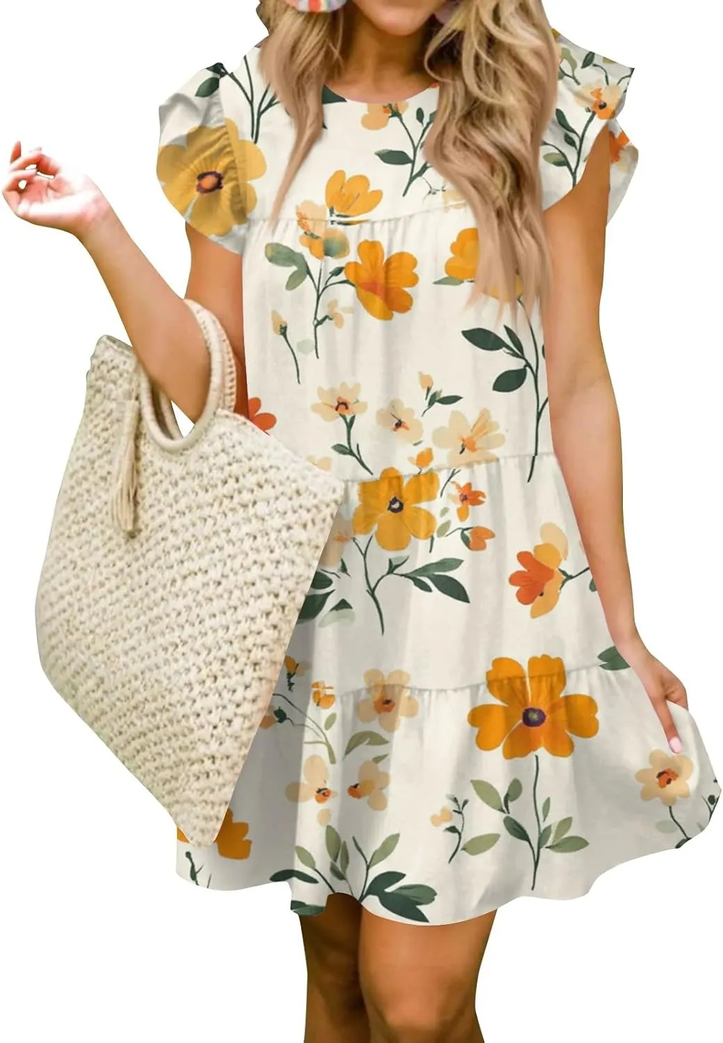 Women Babydoll Summer Casual Crew Neck Ruffle Sleeve Sleeveless Flowy Mini Short Tunic Dress Floral Print Pleated Dress2-Yellow,Medium