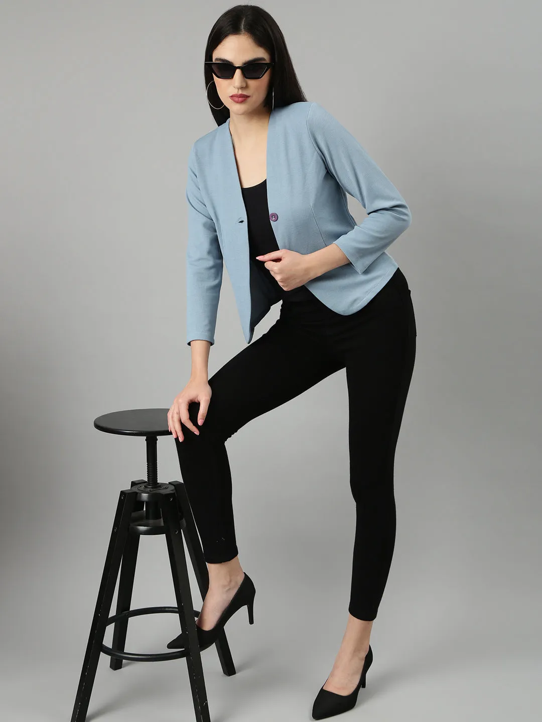 Women Blue Solid Blazer