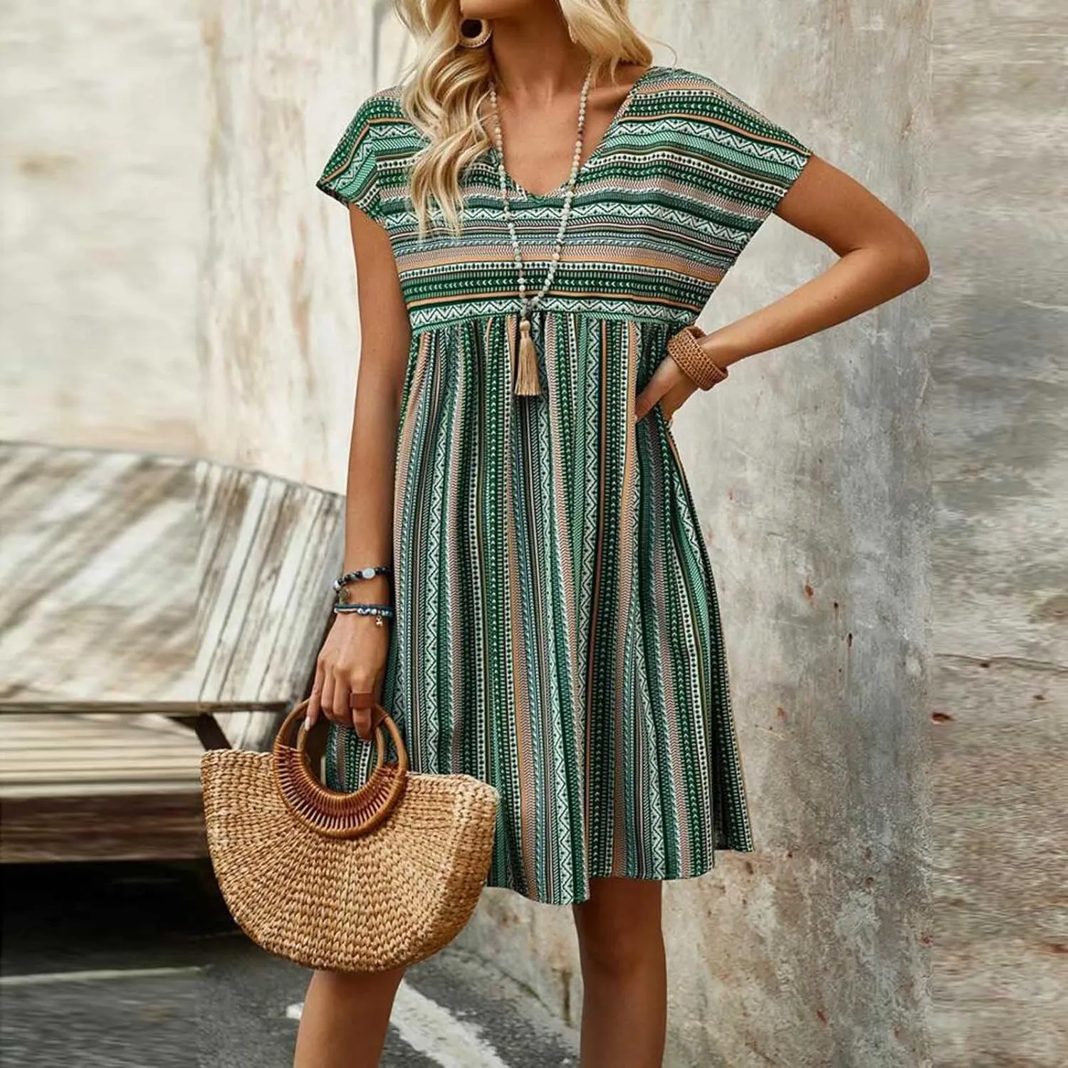 Women Casual Spring Summer Dresses V Neck Short Sleeve Vintage Striped Floral Boho Babydoll Swing Mini Beach Dress