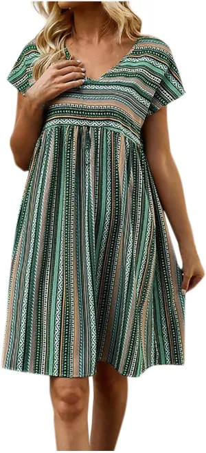 Women Casual Spring Summer Dresses V Neck Short Sleeve Vintage Striped Floral Boho Babydoll Swing Mini Beach Dress