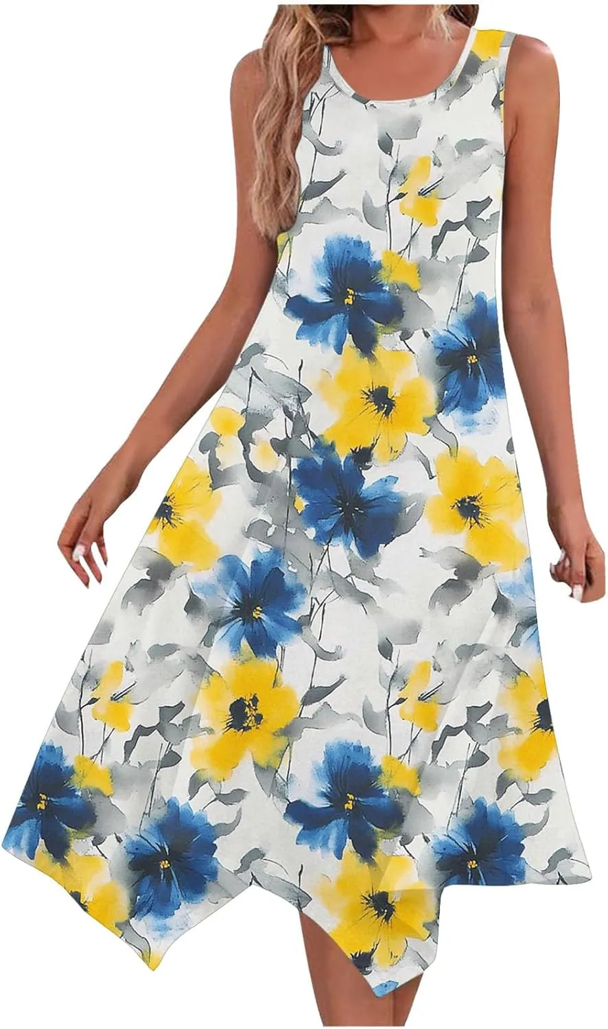 Women Dress Casual Summer Loose Flowy Beach Dress with Pockets Hankerchief Flare Midi Sundress 2025 Beach Vacation