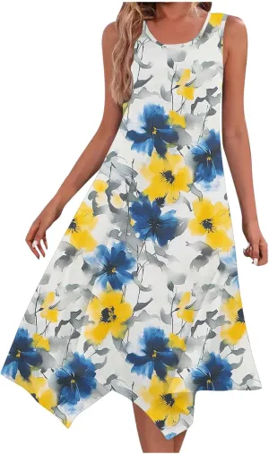 Women Dress Casual Summer Loose Flowy Beach Dress with Pockets Hankerchief Flare Midi Sundress 2025 Beach Vacation